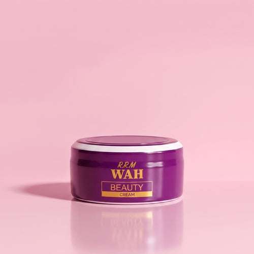A purple cosmetic cream jar labeled 'R.R.M WAH BEAUTY CREAM' on a solid pink background with a soft reflection below.